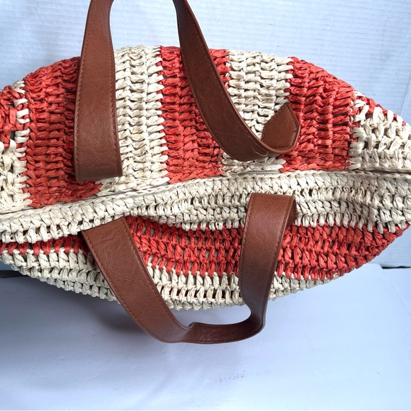 Striped Straw Tote Bag with Brown Handles - Red and Natural - Picture 3 of 5